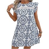 Floerns Women's Plus Size Boho Printed Short Dress Ruffle Cap Sleeve Crew Neck Dresses