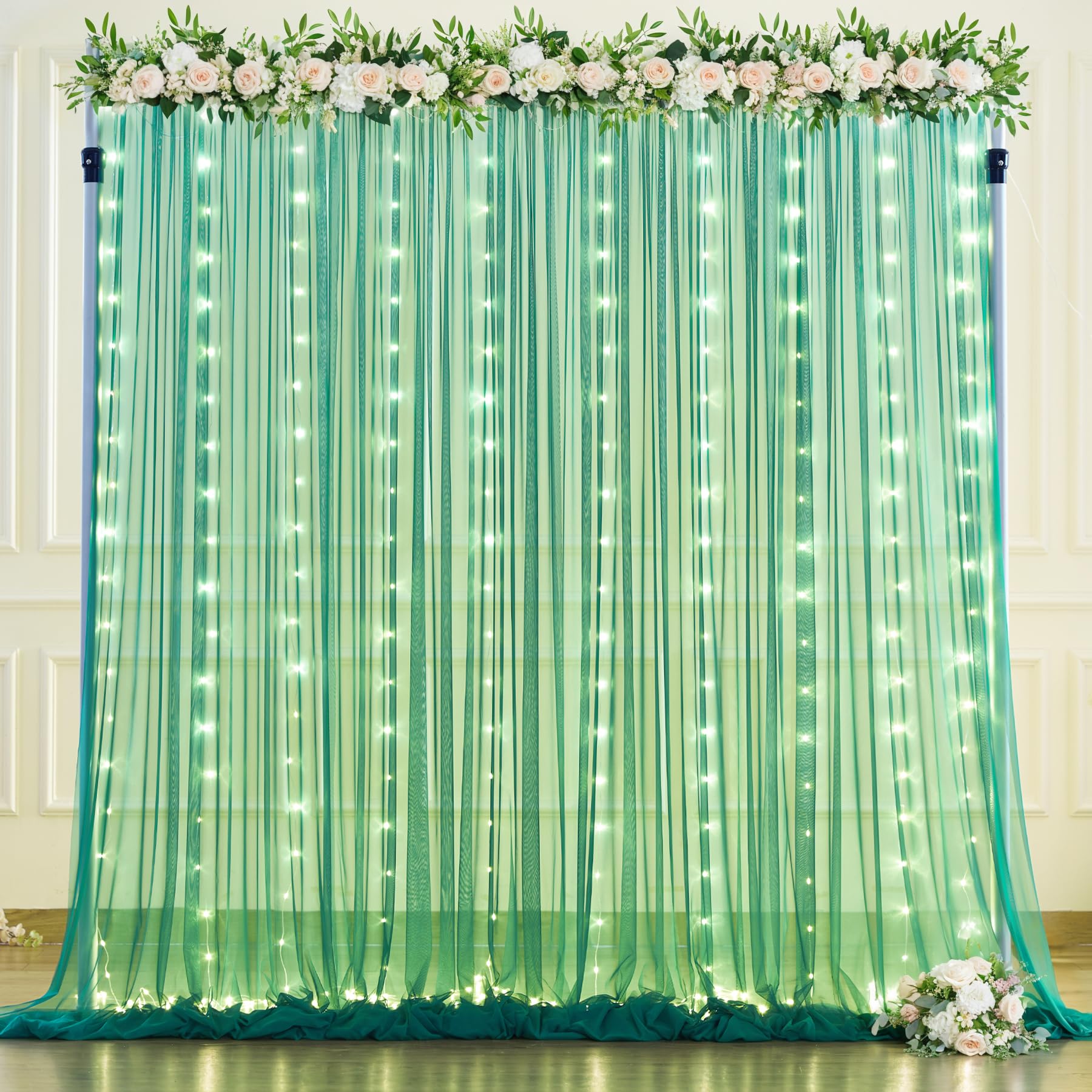 Photo 1 of Hunter Green Tulle Backdrop Curtains with Lights String for Parites 10x10ft Sheer Backdrop Curtains Drapes for Birthday Party Bridal Shower Baby Shower Photo Booth Background Decorations