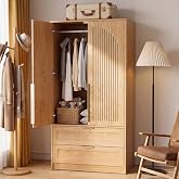 Anewome 62.6"H Armoire Wardrobe Closet with 2 Fluted Door &amp; Drawer, Natural | Freestanding Wooden Bedroom Wardrobe Cabinet, Tall Standing Closet, Arched Fronts, Hanging Rod, Storage for Hanging Clothes