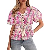 Cicy Bell Womens Puff Sleeve Tie Front Tops Summer Babydoll Peplum V Neck Blouse Casual Dressy Pleated Floral Print Shirts
