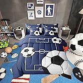 Erosebridal Football Bedding Set Twin Size 7 Pieces Boys Sports Theme for Teens Soccer Ball Pattern Bed in a Bag Football Court Comforter Set with Sheets Playground Blue White for Kids Girls