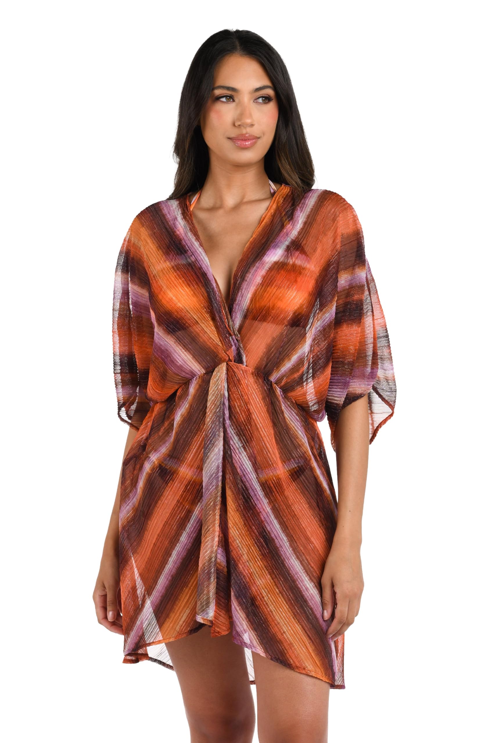La Blanca Women’s Short Sleeve Mini Dress Swimsuit Cover Up, Sunset//Upon The Horizon, Large