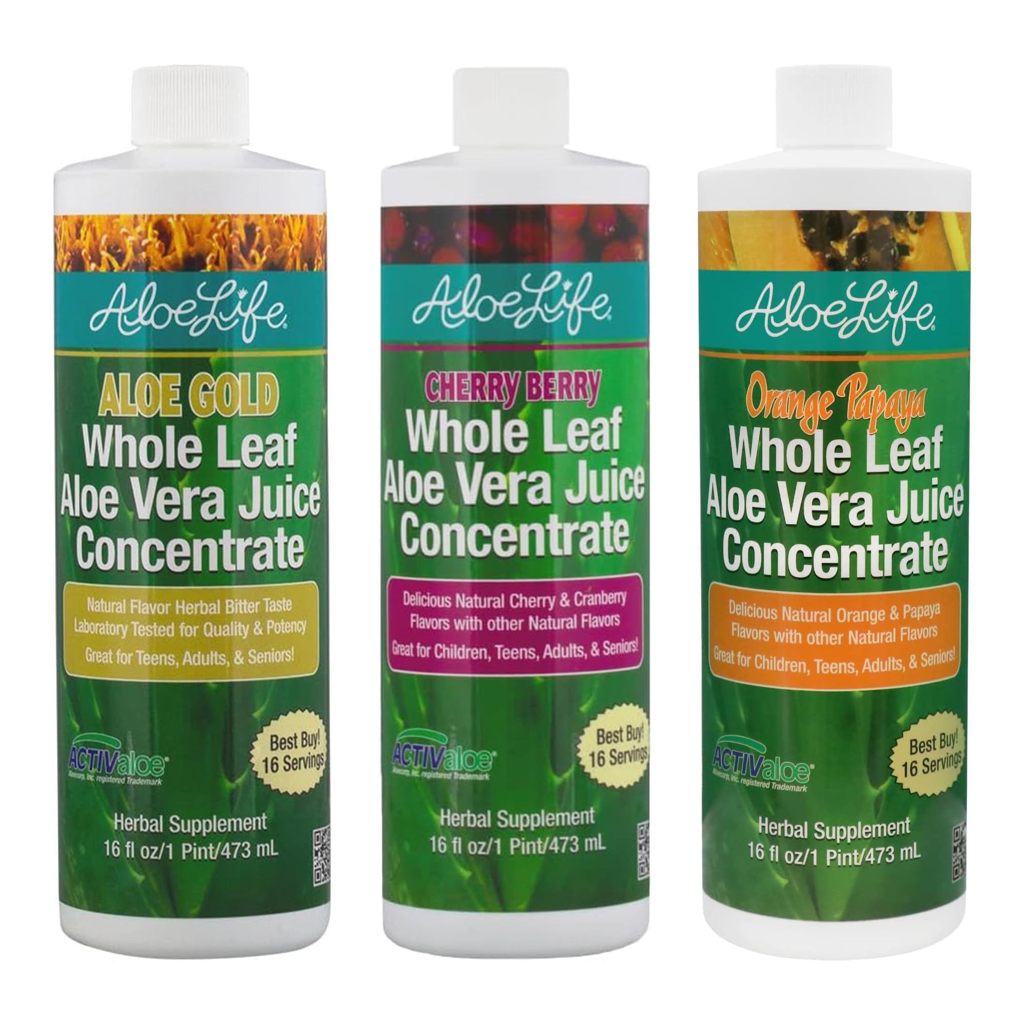 Aloe Life - Whole Leaf Aloe Vera Juice Multi-Flavor Bundle, Certified Organic, Gluten-Free (Cherry Berry, Aloe Gold & Orange Papaya Flavors, 16 oz Each) Image