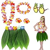 BAJOTAL Girls Grass Skirt for Luau Party, Hawaiian Leaf Hula Skirt with Flower Leis for Beach and Hawaii Luau Party Decorations