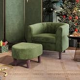 LINSY Accent Chair with Ottoman, Modern Armchair Comfy Barrel Reading Chair with Footrest for Living Room Bedroom Reading Room, Velvet, Olive Green