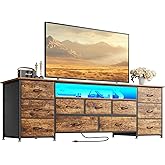 Huuger 63 Inch TV Stand for 65, 70 Inch TV, 11 Drawer Long Dresser with Power Outlets and LED Lights, Entertainment Center with Storage, Rustic Brown Dresser with PU Leather Surface