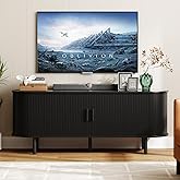 ONBRILL 55" TV Stand with Power Outlet for TVs up to 60 Inch, Entertainment Center with Storage and Adjustable Shelves, Modern Media Console with Sliding Doors for Living Room, Black