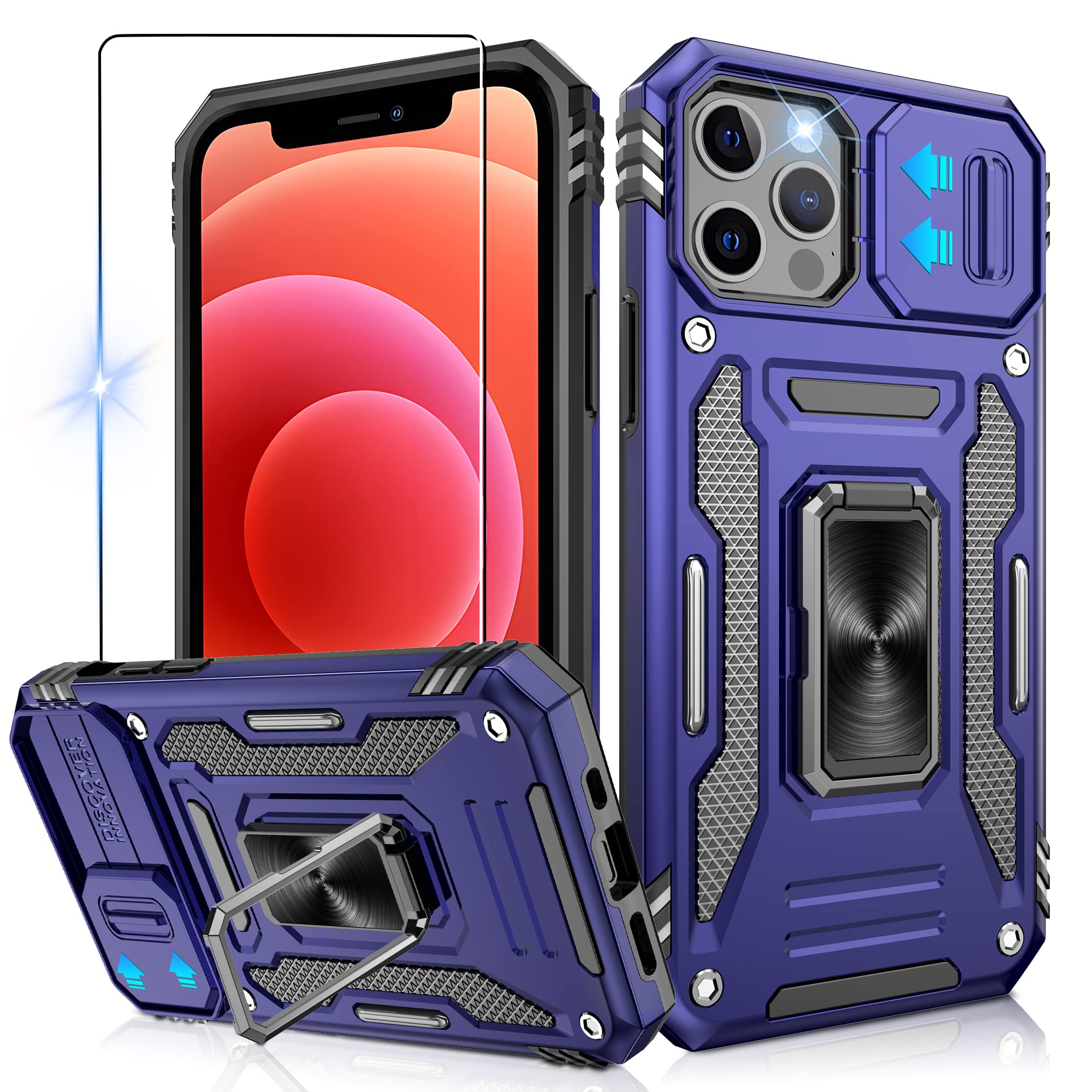 Jshru Case for iPhone 12/12 Pro with Slide Camera Cover, Military Grade Shockproof Phone Case with Ring Kickstand, Anti-Scratch Armour Phone Cover, Blue