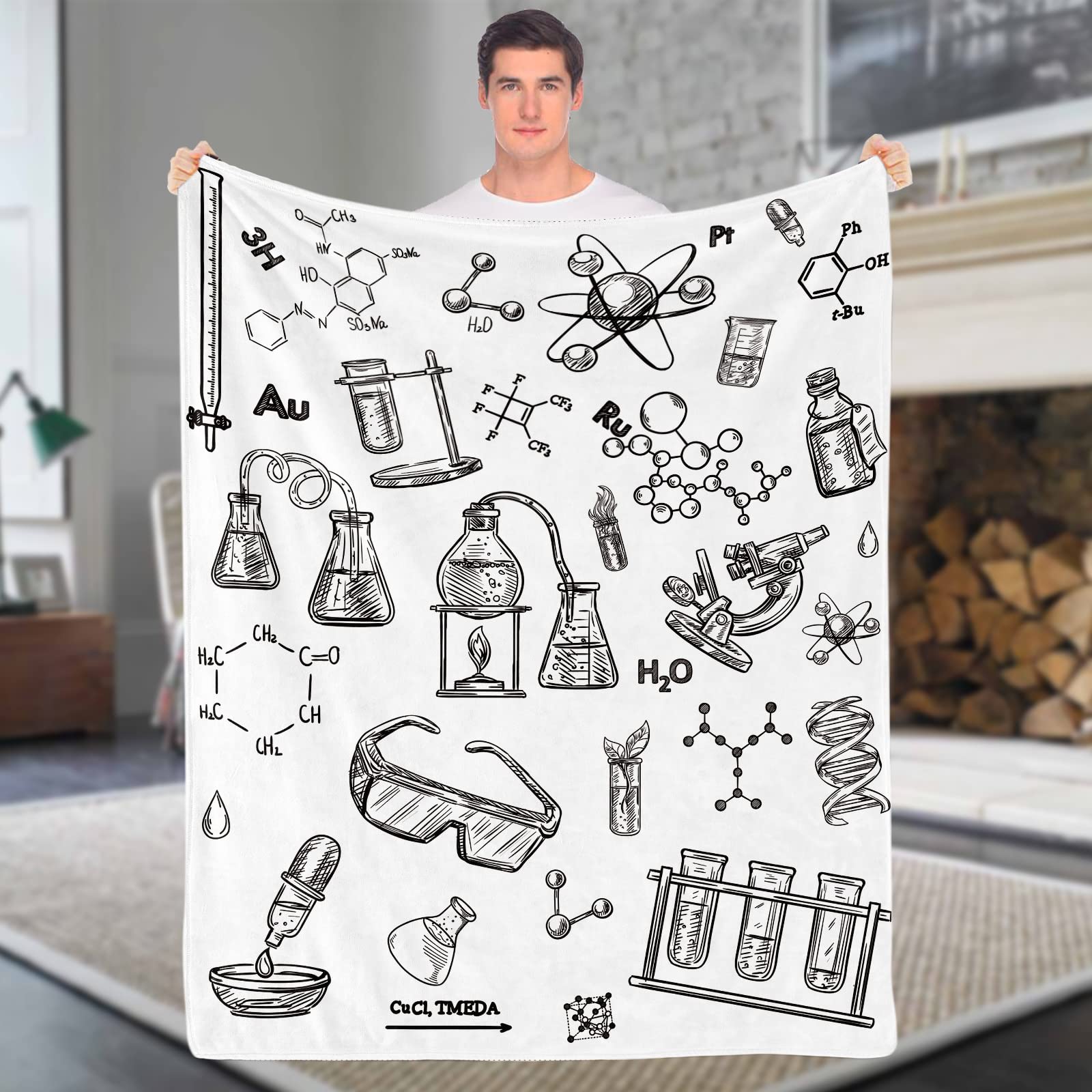 Domgoge Science Throw Blanket Cozy Soft Hand Drawn Style Chemistry Fleece Flannel Blankets Education Laboratory Illustration Formulas 130x152 cm, Chemistry-white