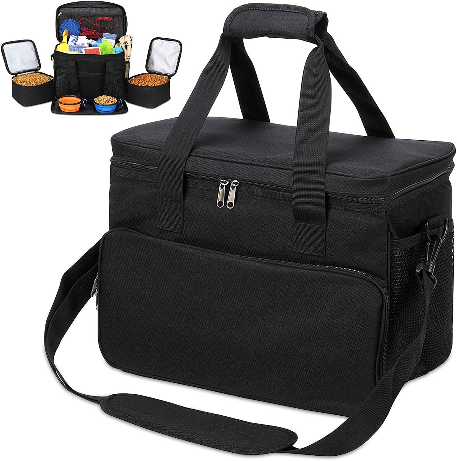 KOPEKSDog Cat Pet Travel Bag Thermal Bag with Compartments Bowl and Drinker Foldable Travel Kit - Black