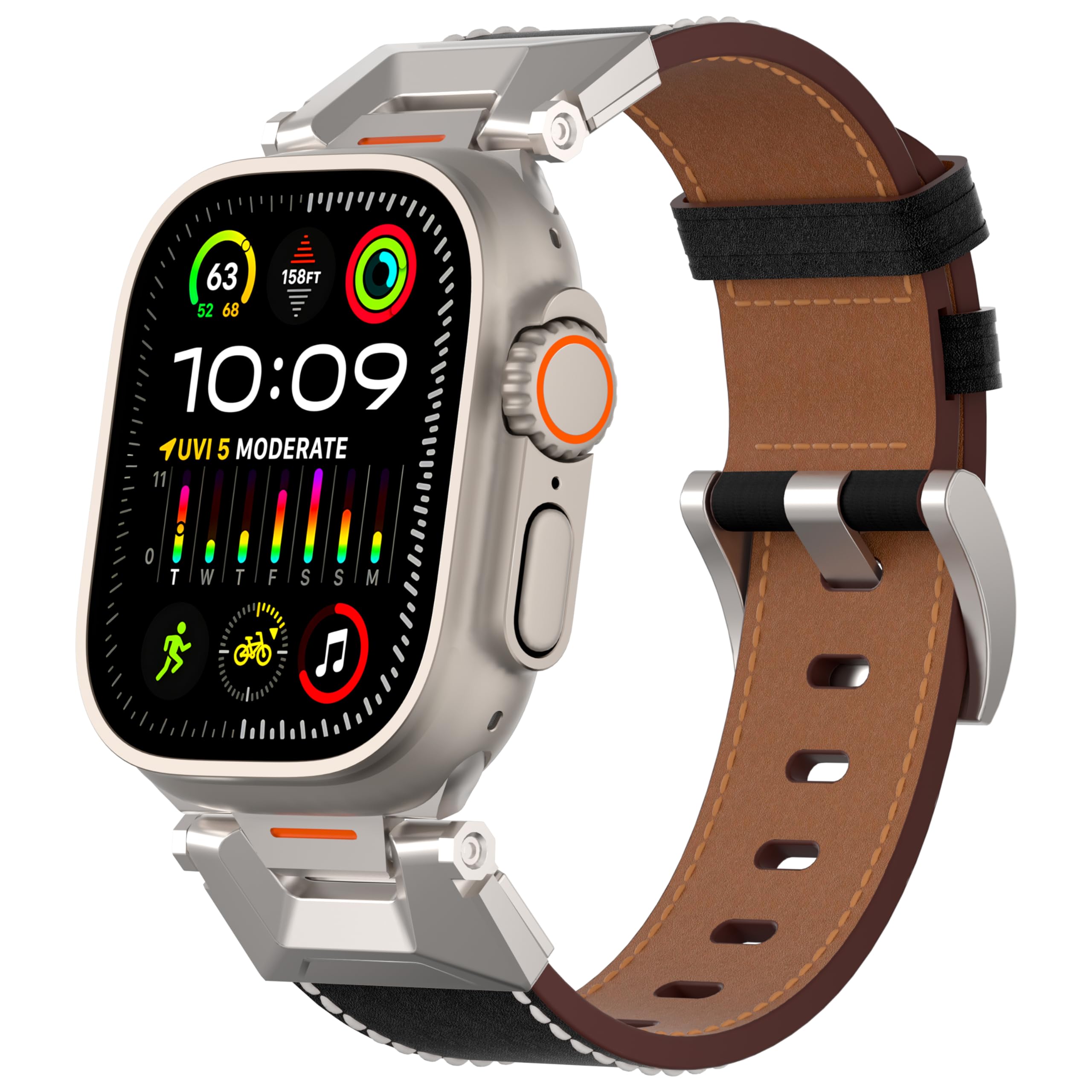 Diruite Bracelet for Apple Watch Ultra/Ultra 2/Series 9/8/7/6/5/4/SE Replace Strap,Leather+Stainless Steel Ring Straps for Apple Watch 49mm 45mm 44mm 42mm Band