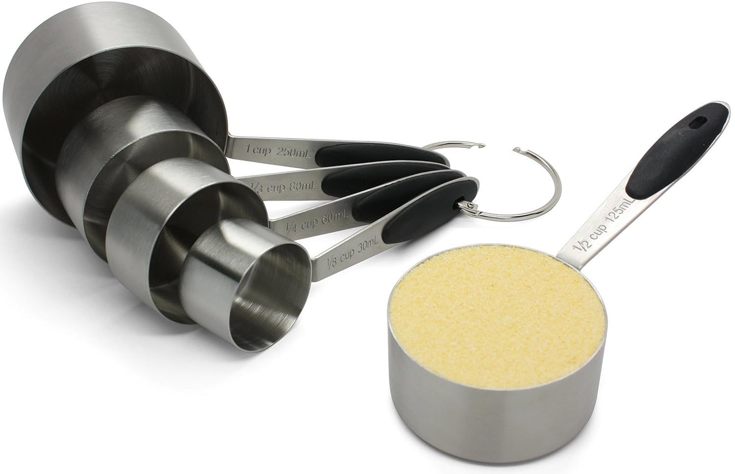 18/8 Stainless Steel Measuring Cups by Kitchen Zest, 5-Pcs Cup Set with Engraved Measurements - Soft-Touch Black Ergonomic Handles