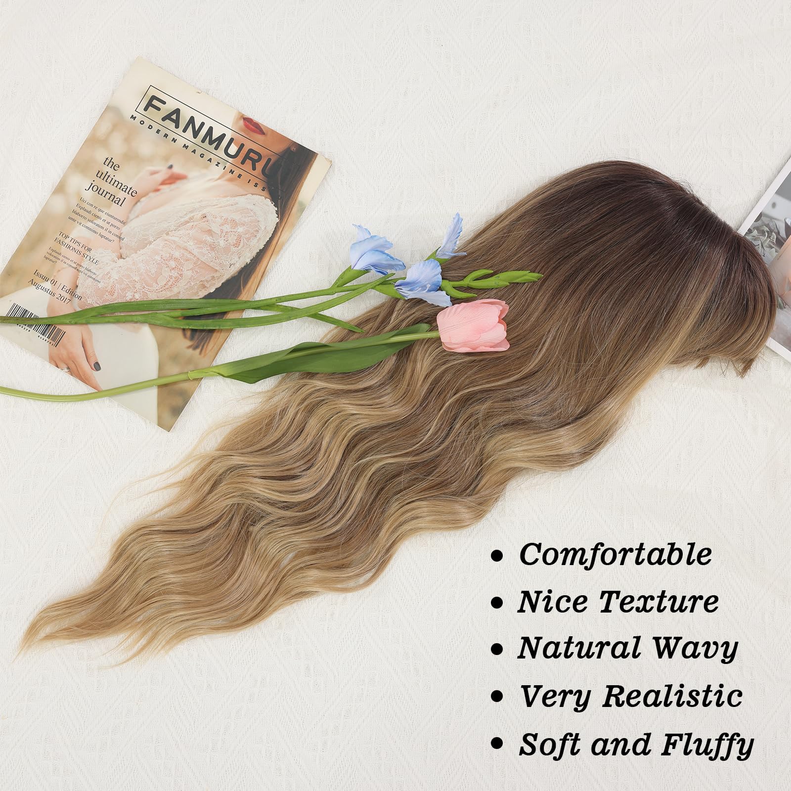 POPTAIYU Dirty Blonde Wig with Bangs Long Blonde Wavy Wigs for Women Synthetic Curly Wavy Wigs with Dark Root Heat Resistant Wig for Daily Party Use 26 Inches (Dirty Blonde)