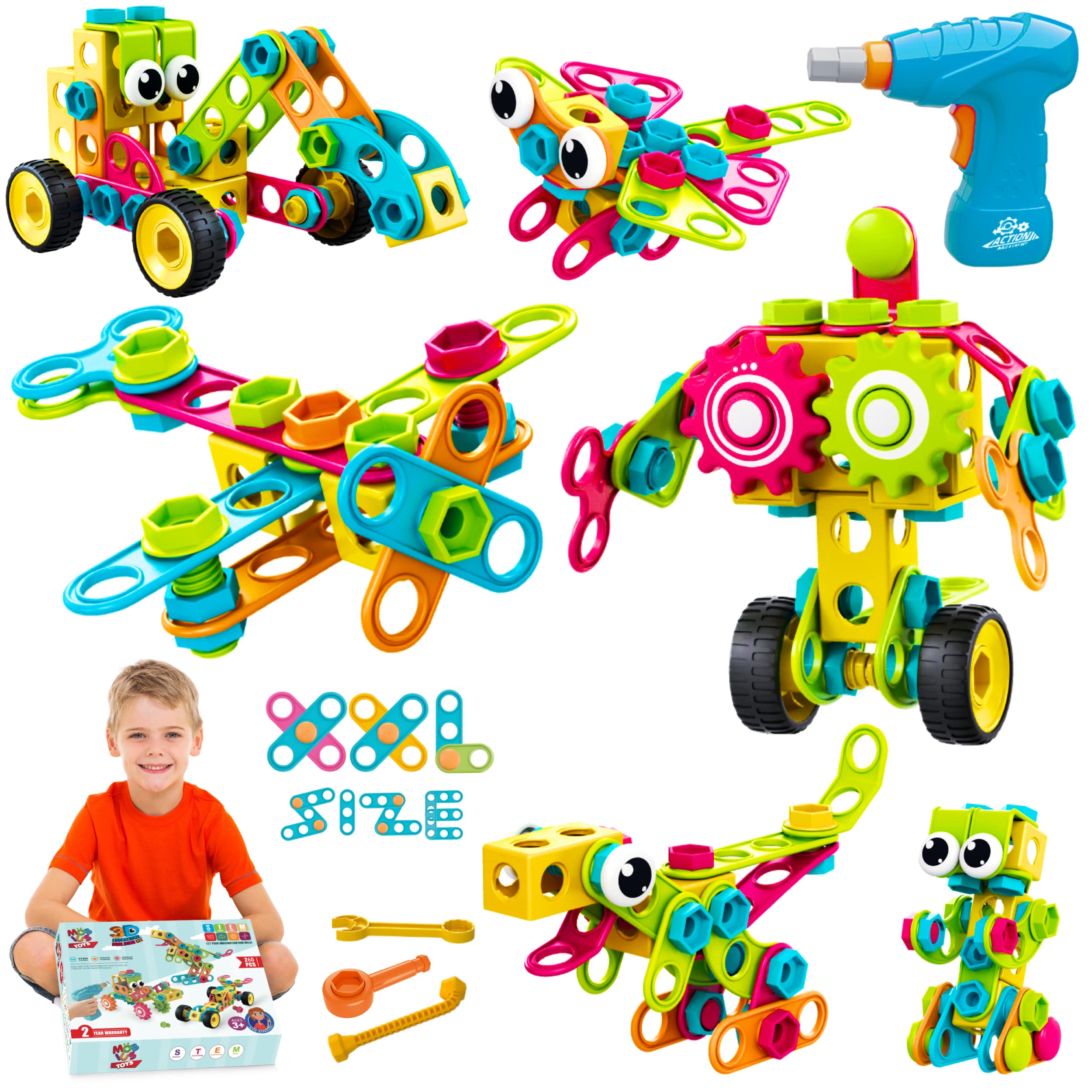 MÖBIUS Toys 260 Piece STEM Learning Toys Kids Construction Engineering Kit Building Block Toy Blocks Children Early Education Playset Power Drill w/Free IdeaBook, Clickable Ratchet, Age 3+
