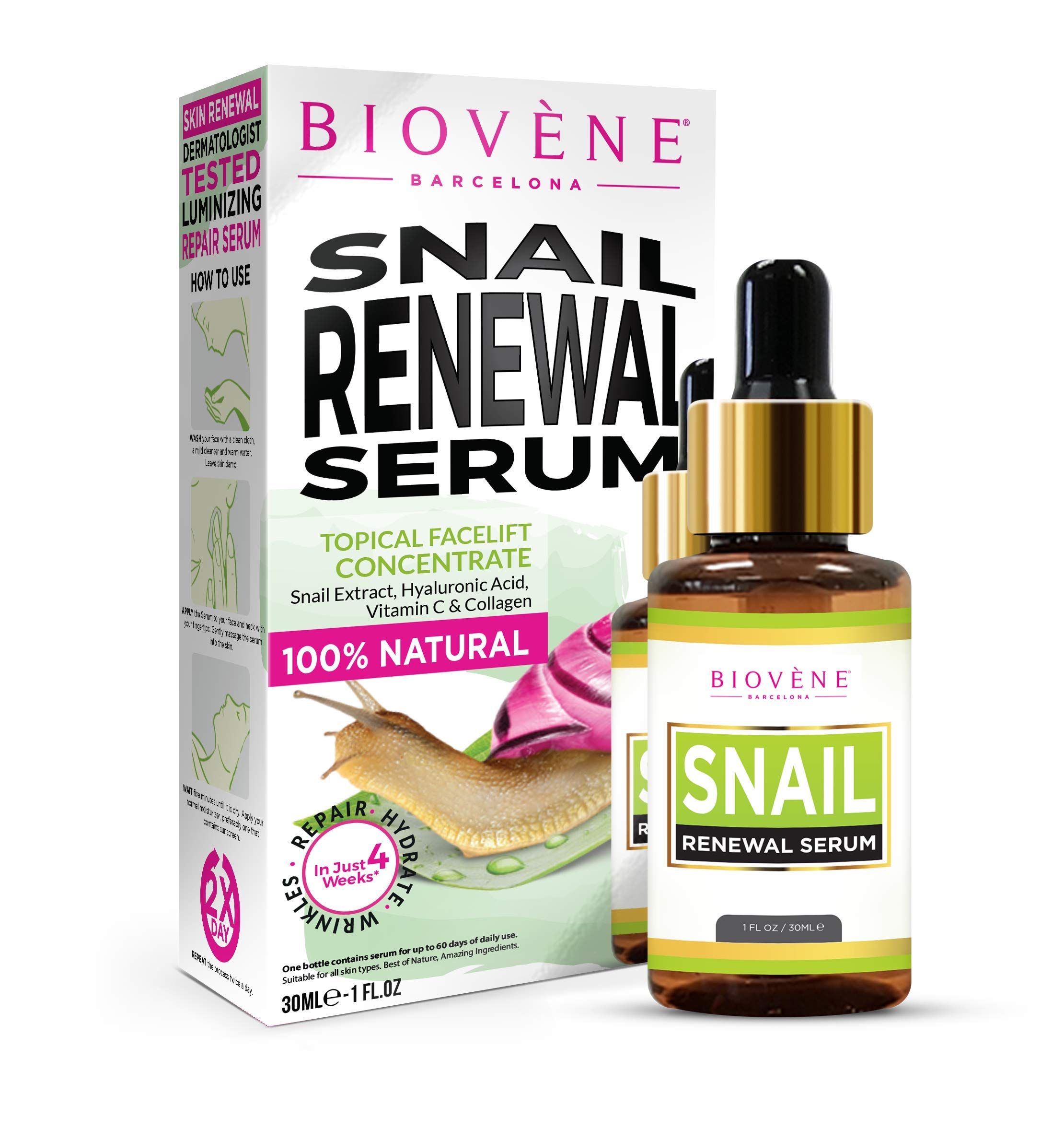 Biovène Snail Renewal Serum - Snail Serum Deeply Moisturises to Regain Skin Elasticity + Boost Generation of New Cells - Rich in Antioxidants + Anti-Inflammatory Agents for Youthful Skin (30ml)