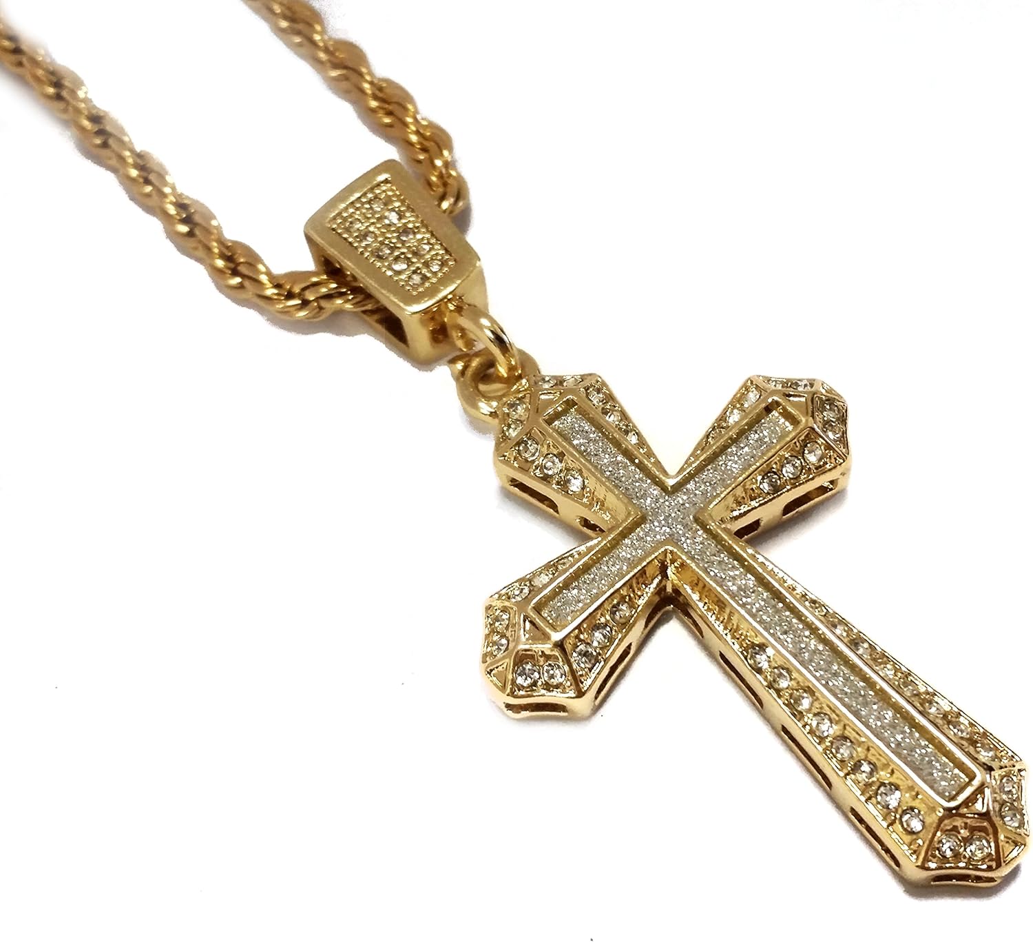 Exo Jewel 18k Gold Cross Pendant Stainless Steel Necklace with 24" Rope