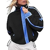 Csvinkiko Womens Fleece Zip Up Jacket Sherpa Fuzzy Teddy Jackets Color Block Casual Oversized Coats Winter Outerwear