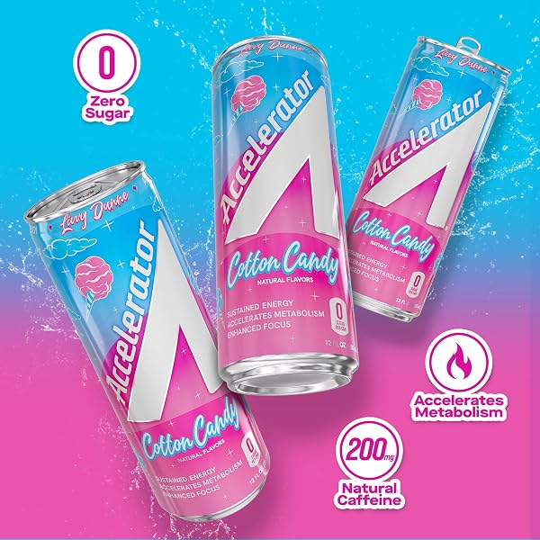 ACCELERATOR ENERGY DRINK, COTTON CANDY 12OZ CAN (12 PACK), ZERO SUGAR, SUSTAINED ENERGY FROM 100% NATURAL CAFFEINE (200MG FROM GREEN COFFEE BEAN & GREEN TEA EXTRACT)