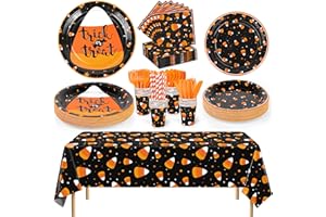 Durony 193 Pieces Halloween Candy Corn Party Supplies Set - Trick or Treat Plates, Tablecloth, Napkins, Cups, Plastic Cutlery - Serves 24