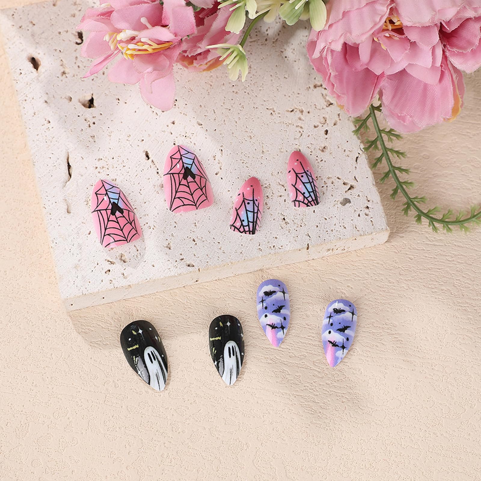 IMSOHOT Halloween Press on Nails Almond Medium Fake Nails Black Pink Purple Glue on Nails Full Cover Glossy Artificial False Nails with Ghost Designs Cute Stick on Acrylic Nail for Women Girls - Image 2