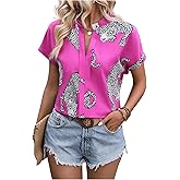 WDIRARA Women's Leopard Print Notched V Neck Blouse Short Sleeve Tops Shirt