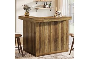 Tribesigns Bar Table, L Shaped Home Bar Unit for Home, 4-Tier Corner Liquor with Storage Shelves and Wine Glasses Holder, Industrial Wine Cabinet Reception Desk for Basement (1, Brown)