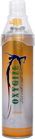 Oxygize Portable Citrus flavour Oxygen Can 10liter Cylinder Canister With Protective Mask For Air Pollution Protect, Quick Recovery, Boosting Immune System, Easy To Carry (250 Breaths Approx.)