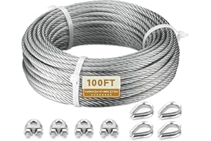 KALLSDY 1/4" Stainless Steel Cable, 100FT Wire Rope Aircraft Cable with Cable Clamps and Thimbles for Backyard Zipline, String Lights and Deck Railing, 6x37 Strands Construction