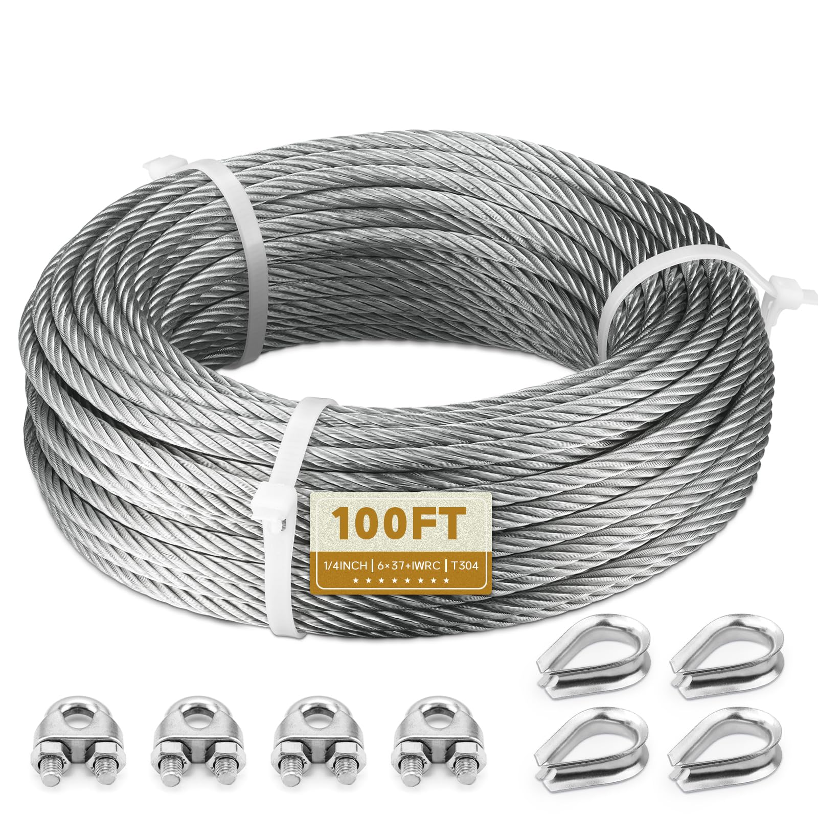 Photo 1 of KALLSDY 1/4" Stainless Steel Cable, 100FT Wire Rope Aircraft Cable with Cable Clamps and Thimbles for Backyard Zipline, String Lights and Deck Railing, 6x37 Strands Construction