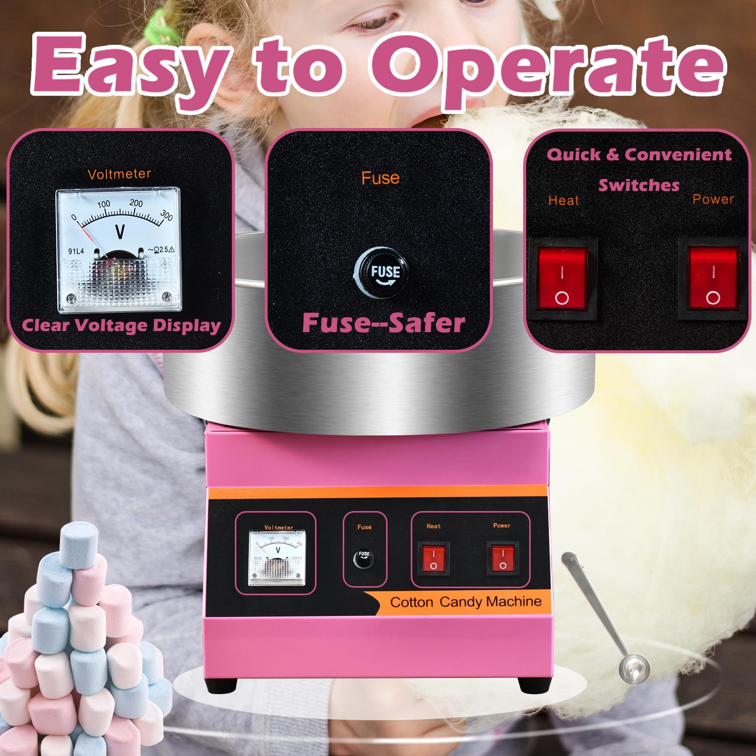 110V1000W Electric Commercial Pink Cotton Candy Machine, 15 Inch Stainless Steel Large Bowl, Dual Switch, Easy to Operate, Fast Candy Production, 3-4 pieces per minute