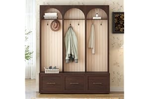 Merax Farmhouse Wood Hall Tree with Shoe Bench and 3 Drawers, 4-in-1 Coat Rack with 8 Hooks for Entrance, Hallway, Mudroom Dark Walnut