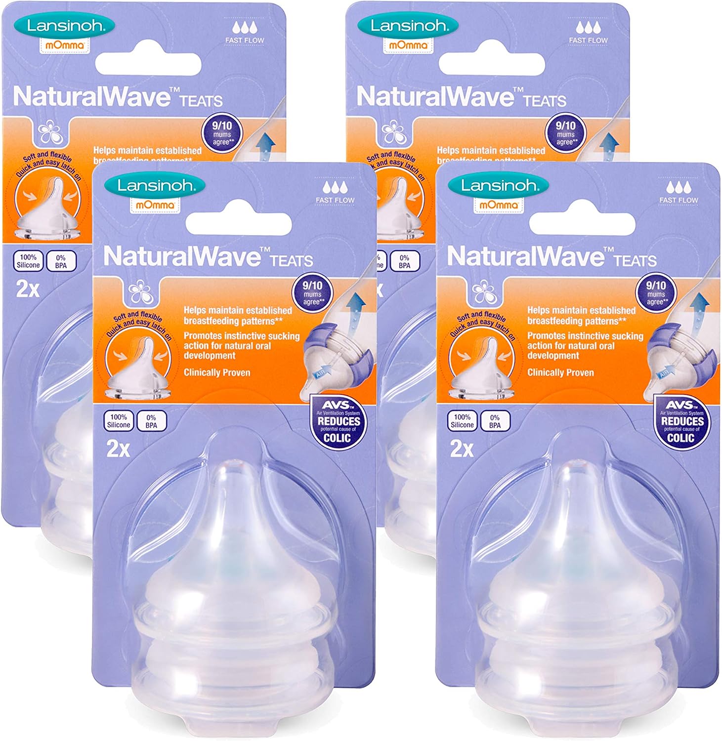 Lansinoh NaturalWave Baby Bottle Teats, Fast Flow, 8 Pack, Anti-Colic Air Vent, BPA & BPS-Free