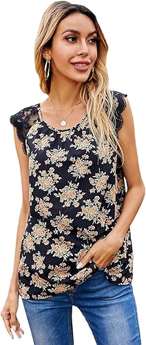 SheIn Blusa bohemia de encaje con estampado floral sin mangas y cuello