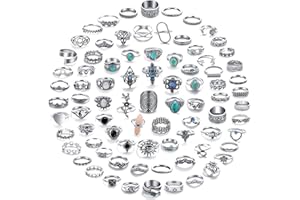 17 MILE 82 Pcs Vintage Silver Knuckle Rings Set for Women, Bohemian Stackable Joint Finger Rings, Retro Stone Crystal Stacking Midi Rings Pack