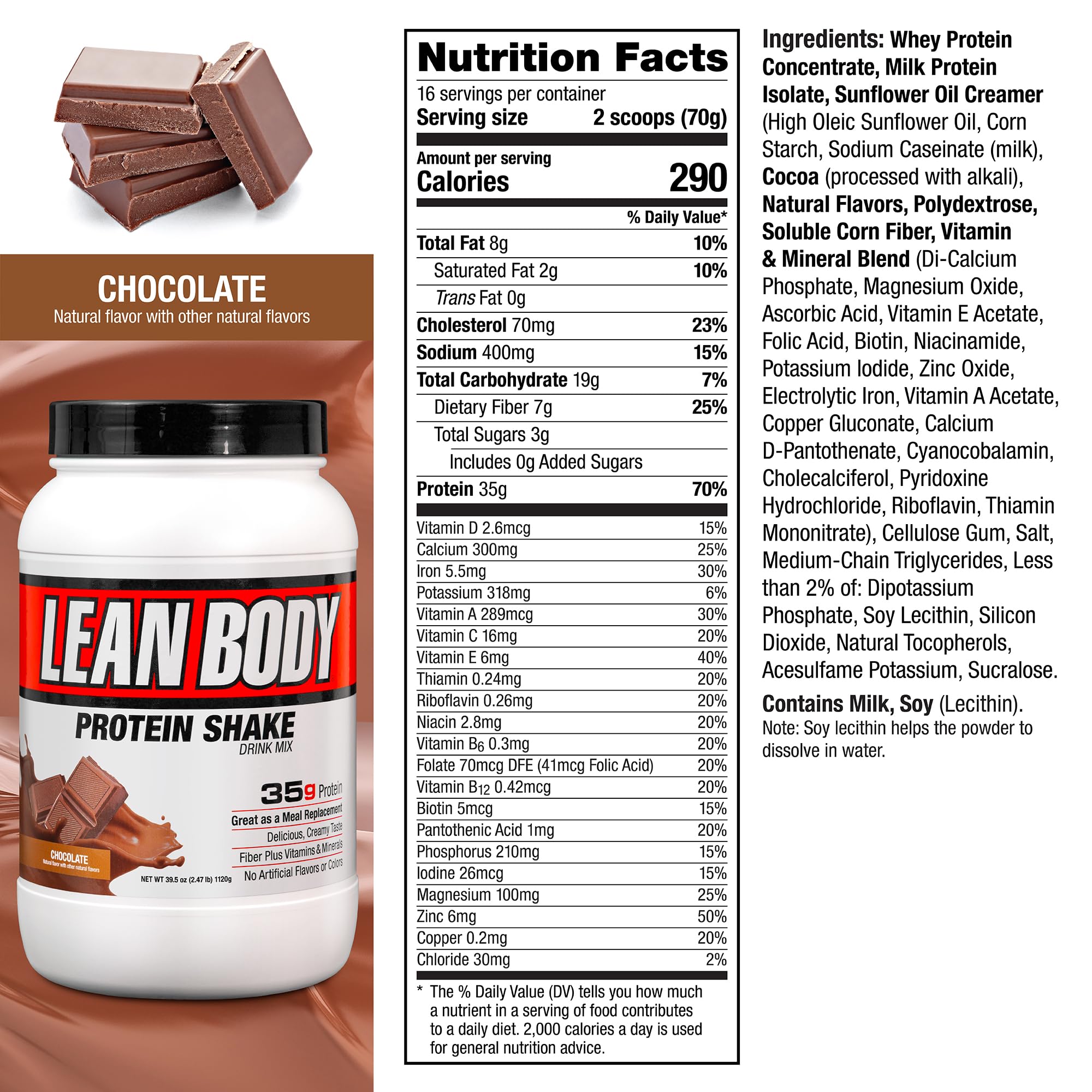 Labrada Nutrition Lean Body Hi-Protein Meal Replacement Shake, Chocolate, 2.47 Pound Tub(Pack of 1)