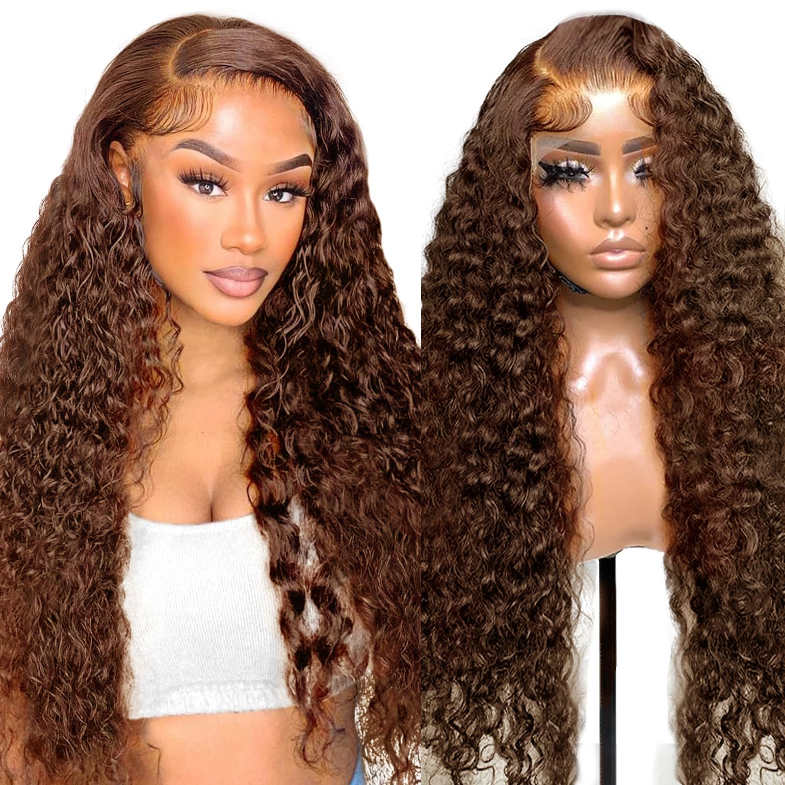 Tunfine #4 Chocolate Brown Human Hair wig for Woman,13x4 HD Lace Front Wigs Human Hair,180 Density Water Wave Curly Frontal Wig,Pre Plucked Natural Hairline Glueless Real Hair Lace Wigs 22" — image 1