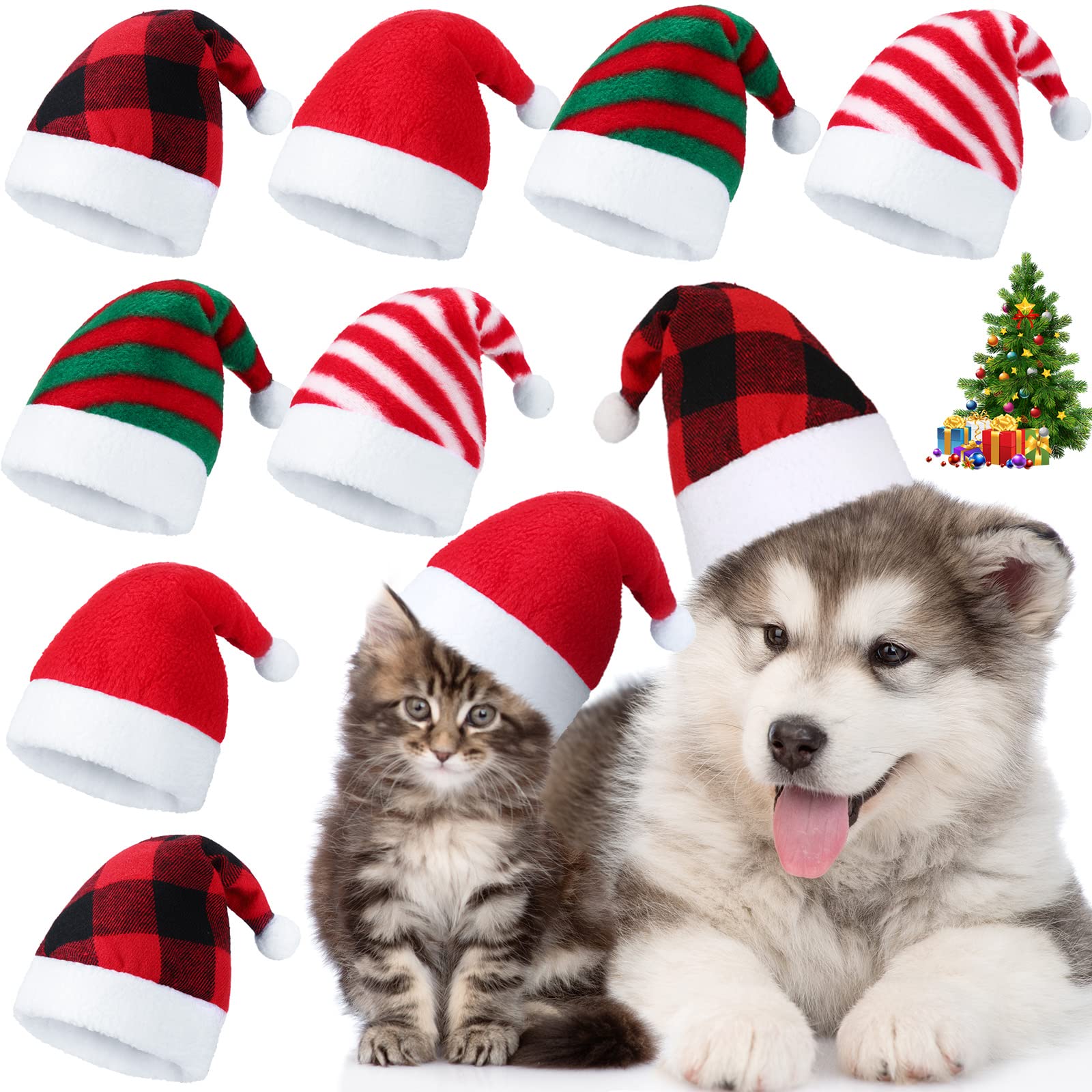 Svee 8 Pieces Christmas Santa Hats for Small Dogs Cats with Adjustable Chin Strap Xmas Costumes Supplies 3D Christmas Dogs Hats for Pet Puppy Kitten Winter Party Dress up Props Gifts(Striped)
