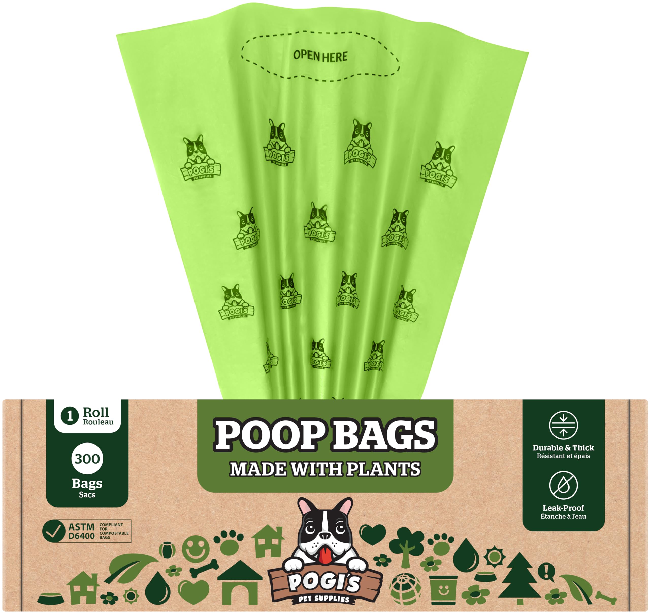 Pogi’s Compostable Poop Bags - 300 Grab & Go Dog Poo Bags - Leak-Proof, Extra-Large, Plant-Based, ASTM D6400