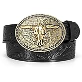 Western Leather Belt for Men Women Cowgirl Cowboy Western Longhorn Bull Buckle Belt for Jeans Christmas Gifts Belts