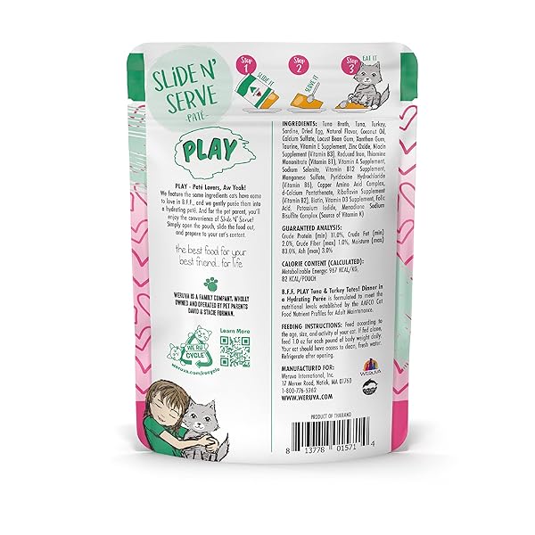 WERUVA B.F.F. PLAY – BEST FELINE FRIEND PATÉ LOVERS, AW YEAH!, TUNA & TURKEY TOTES! WITH TUNA & TURKEY, 3OZ POUCH (PACK OF 12)