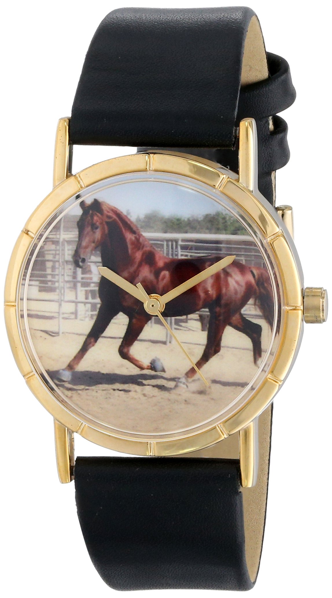 Whimsical Watches Quarter Horse Black Leather and Goldtone Photo Unisex Quartz Watch with White Dial Analogue Display and Multicolour Leather Strap P-0110030
