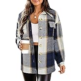HOTOUCH Womens Flannel Plaid Shacket Jacket Button Down Tartan Trench with Pocket Long Sleeve Cropped Fashion Coat S-XXL