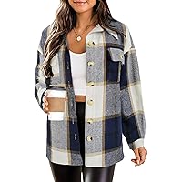 HOTOUCH Womens Flannel Plaid Shacket Jacket Button Down Tartan Trench with Pocket Long Sleeve Cropped Fashion Coat S-XXL