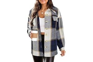 HOTOUCH Womens Flannel Plaid Shacket Jacket Button Down Tartan Trench with Pocket Long Sleeve Cropped Fashion Coat S-XXL