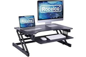 Rocelco 32" Height Adjustable Standing Desk Converter - Slide Out Retractable Keyboard Tray - Sit Stand Up Double Monitor Riser - Dual Piston Lift Assist Tabletop Computer Workstation - Black (R ADRB)