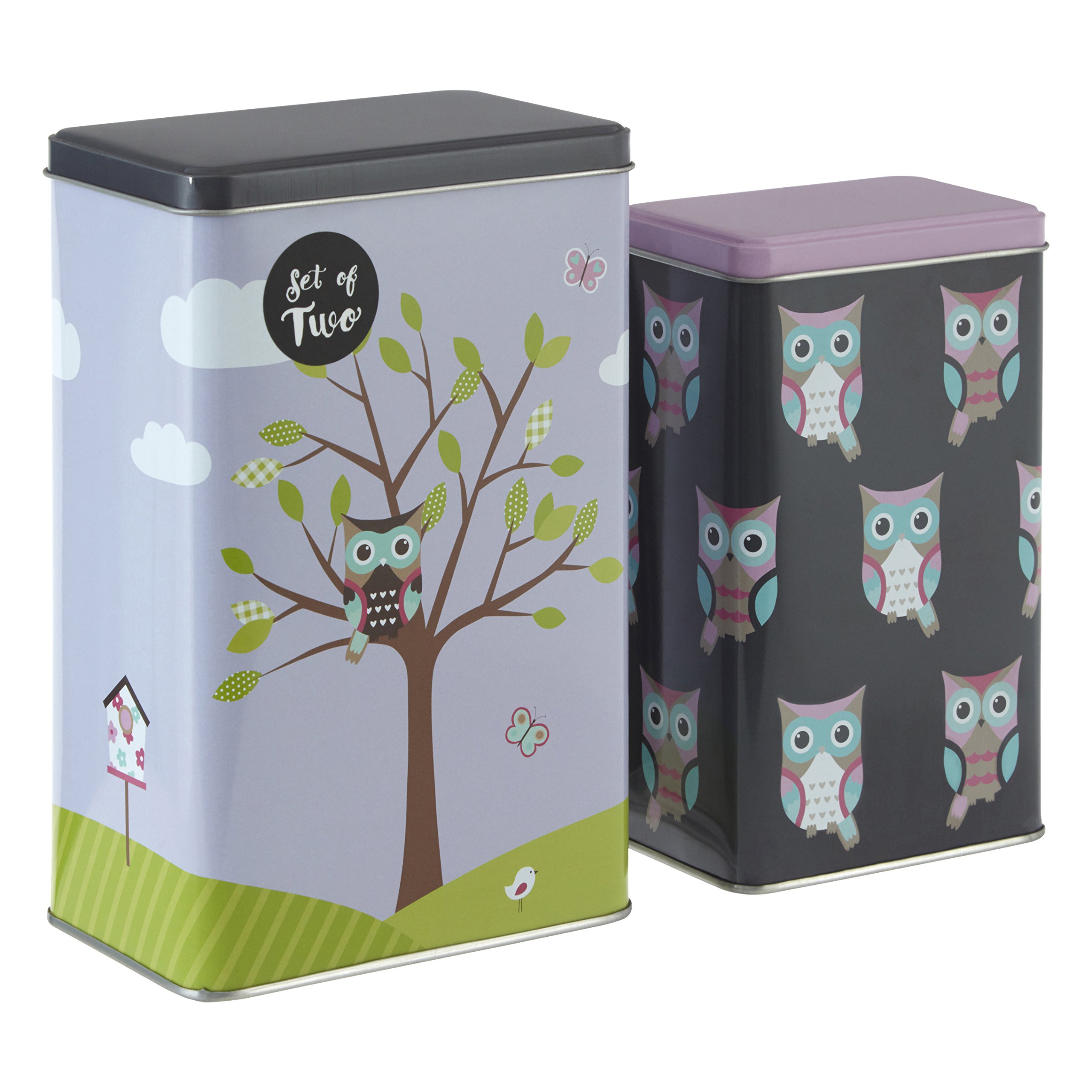 Premier Housewares 507304 Happy Owls Storage Canisters, Multi-Colour, Rectangular, Set of 2
