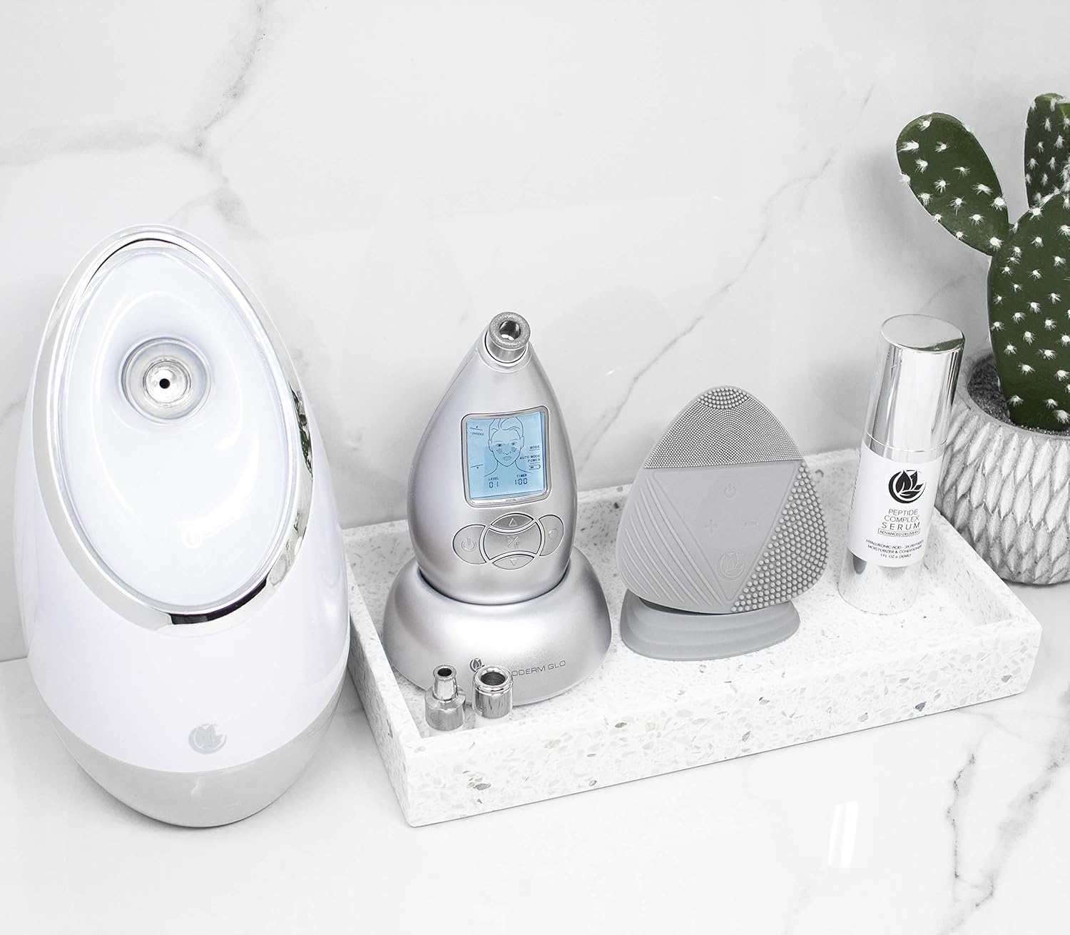 Microderm GLO Advanced Skincare Bundle Includes Diamond Microdermabrasion System, 10mm Filters 100 pack, Peptide Complex Serum, Sonic Facial Cleansing Brush. Perfect Anti Aging Treatment Kit (Silver): Beauty