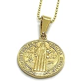 LESLIE BOULES Gold Saint Benedict Protection Medal 18K Plated Chain Necklace Religious Jewelry