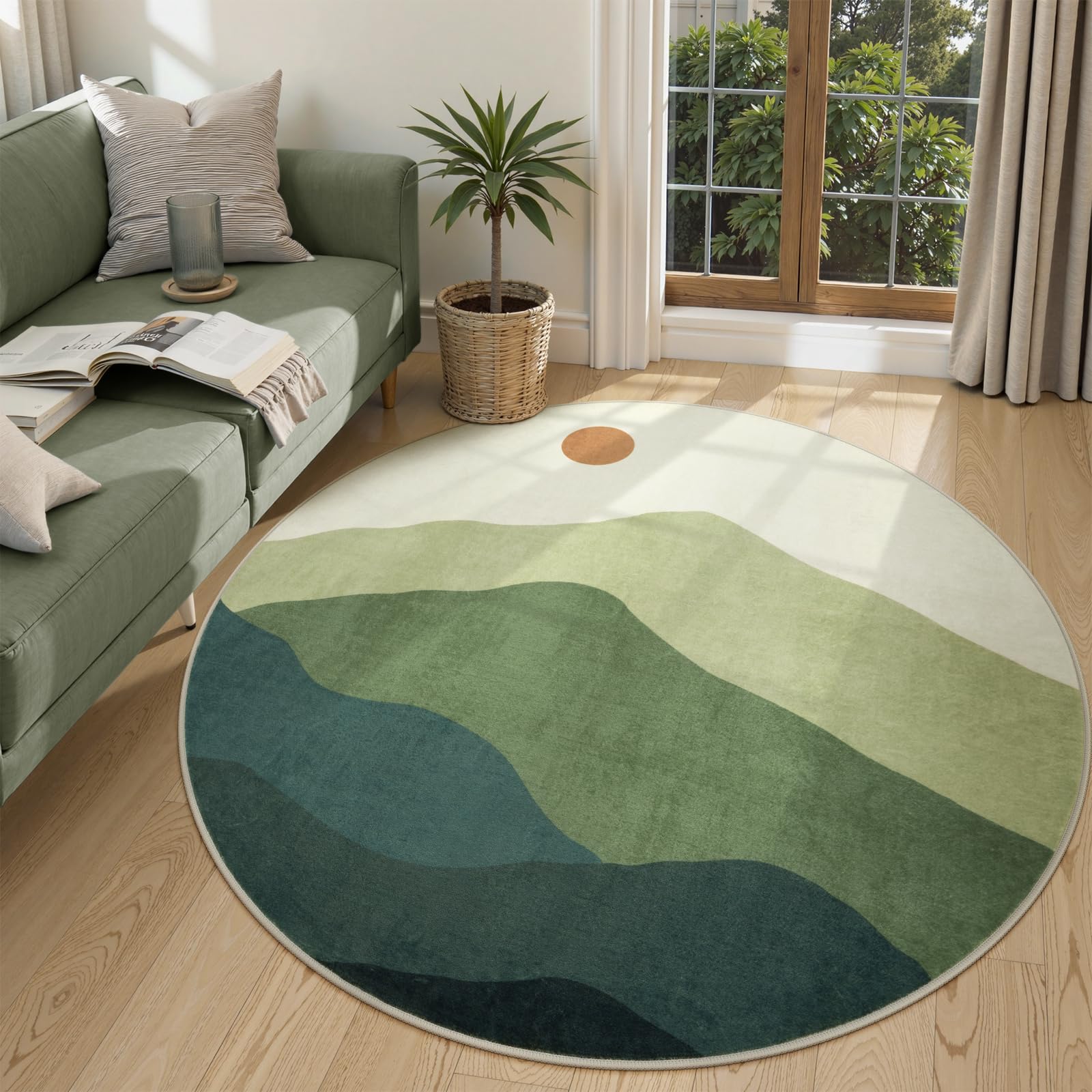Photo 1 of Sungea Sunrise Circle Area Rug 5ft, Large Round Rugs for Living Room Non-Slip Washable Bedroom Carpet, Mountain Modern Throw Mat for Dining Room Nursery Classroom(Green)