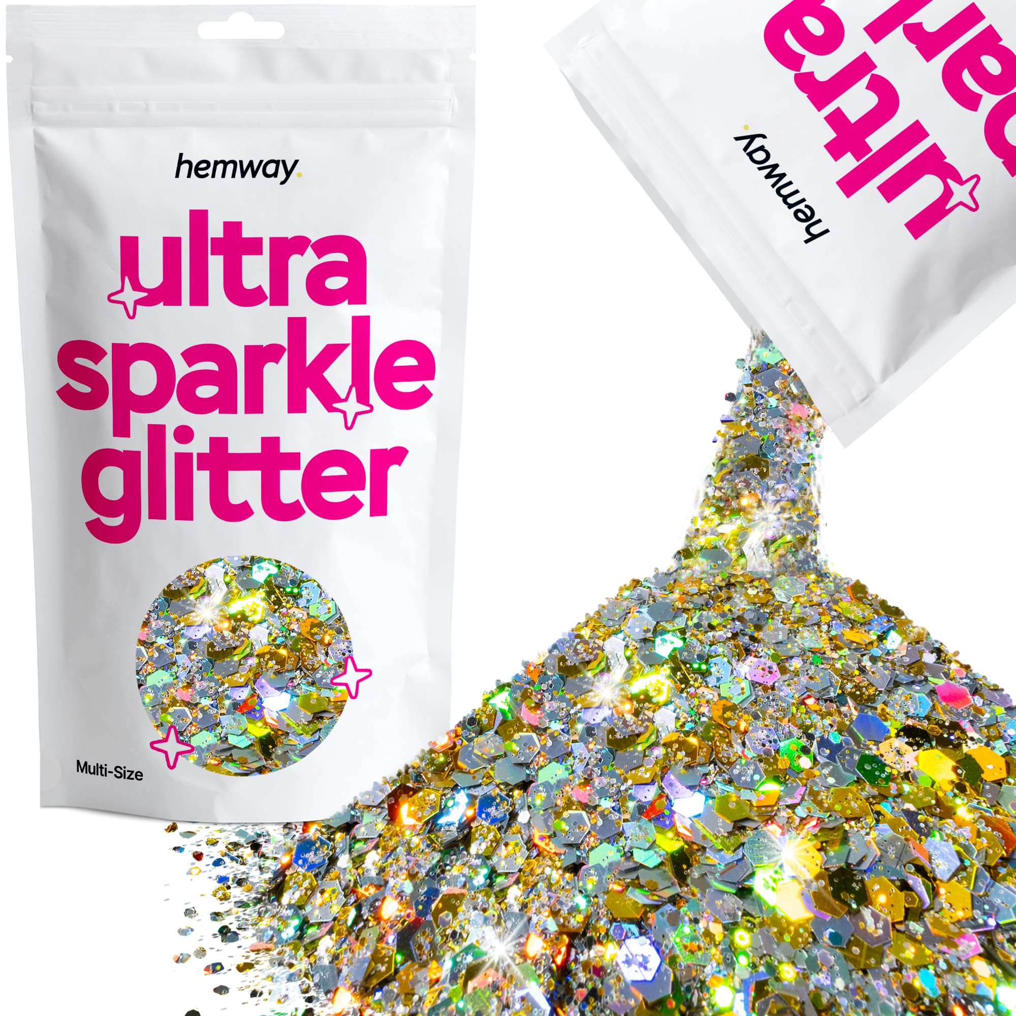 Hemway Ultra Sparkle Glitter Gold Silver Holographic 100g Multi Size | Glitter for Arts & Craft, Makeup, Nail Art, Crafting, Card Making, Sparkle Decoration